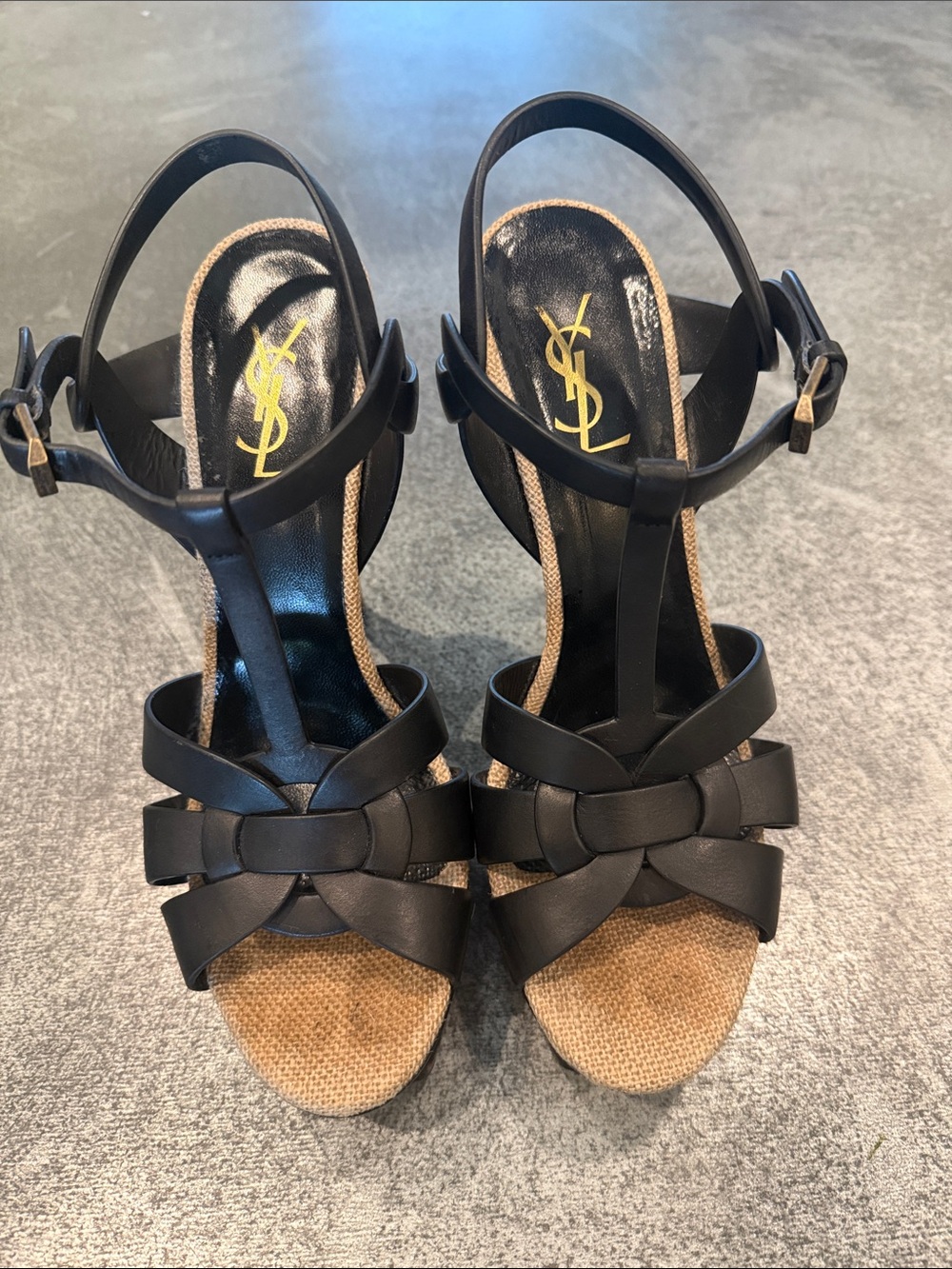 Saint Laurent Black Leather Knot T-Strap Sandals with Tan Insole